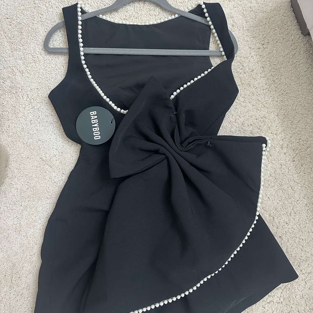 Babyboo Asymmetrical Black Dress with Pearl Trim